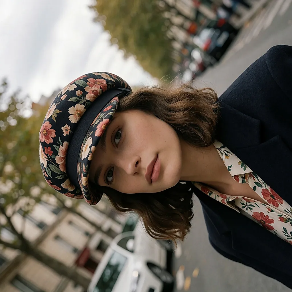 Jeune femme en borsalino de feutre à imprimé floral et ruban uni, dans une rue au ciel couvert