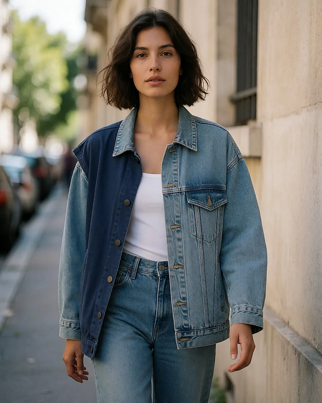 Jeune femme en bob de denim délavé et veste de coton oversize, marchant le long d'un mur urbain