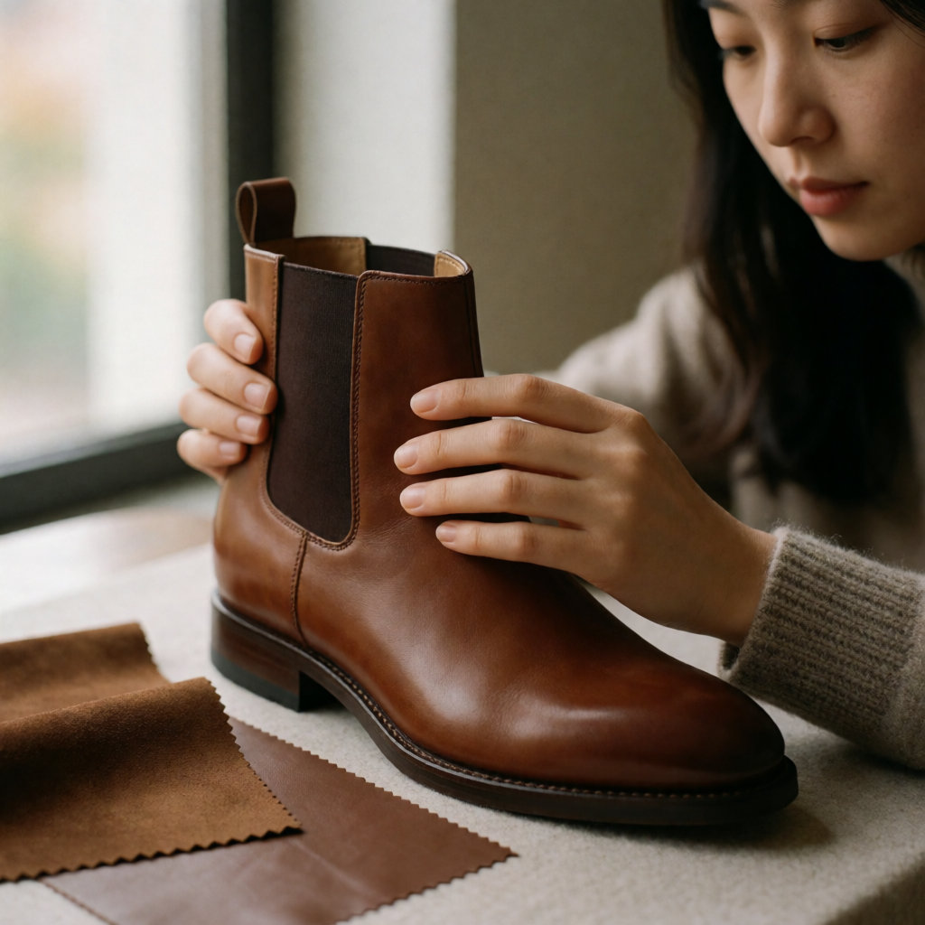 Mains tenant une bottine en cuir pleine fleur près d'échantillons de nubuck et de textile enduit