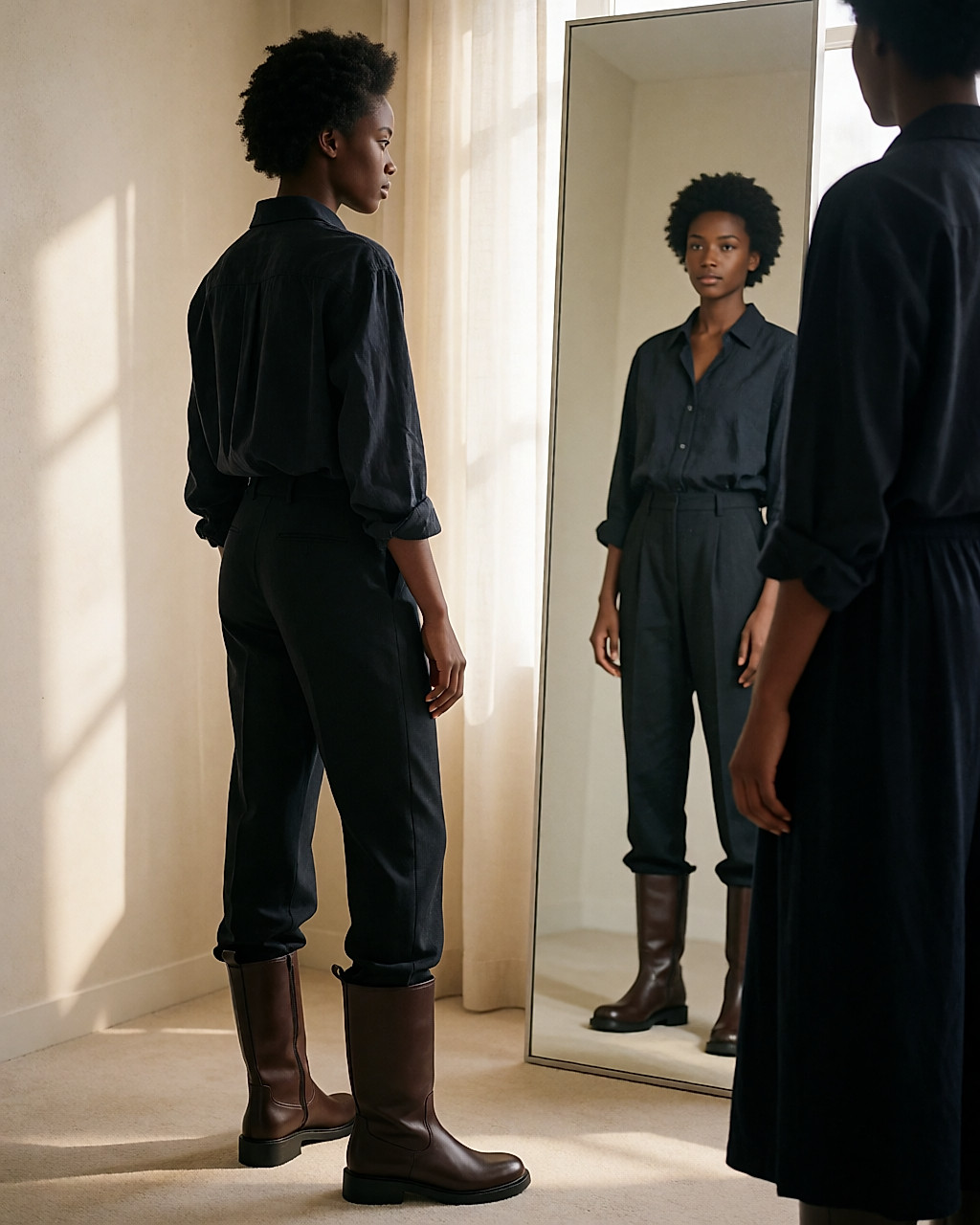 Jeune femme noire en bottes montantes, vue trois-quarts pour juger la hauteur de tige et le tombé