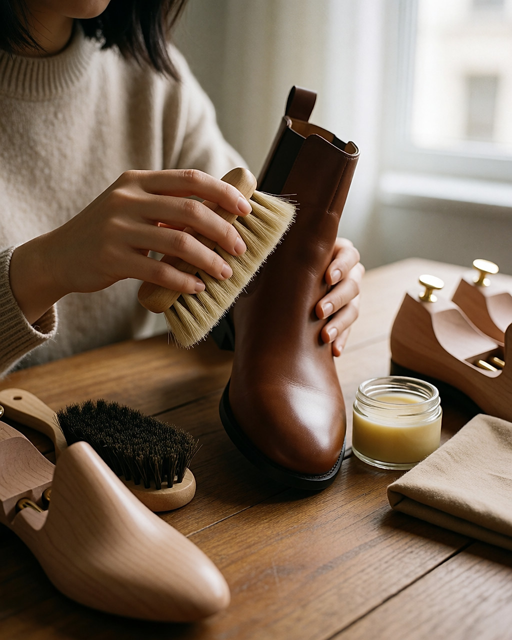 Mains appliquant une crème à la cire naturelle sur une bottine en cuir, accessoires en bois