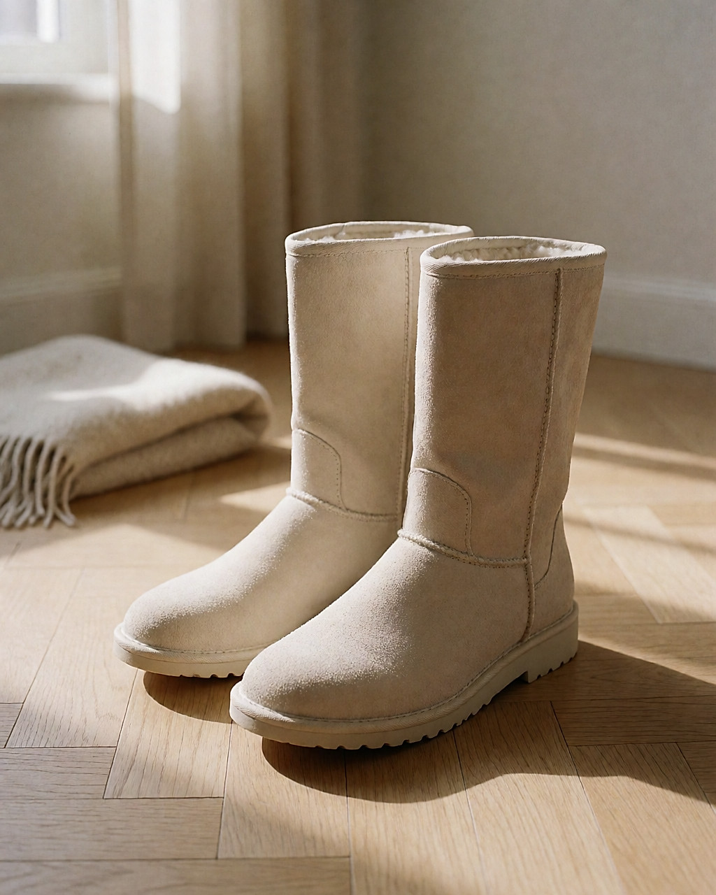 Paire de bottes mi-mollet en suède crème debout sur leur tige rigide, sur un parquet en chêne clair