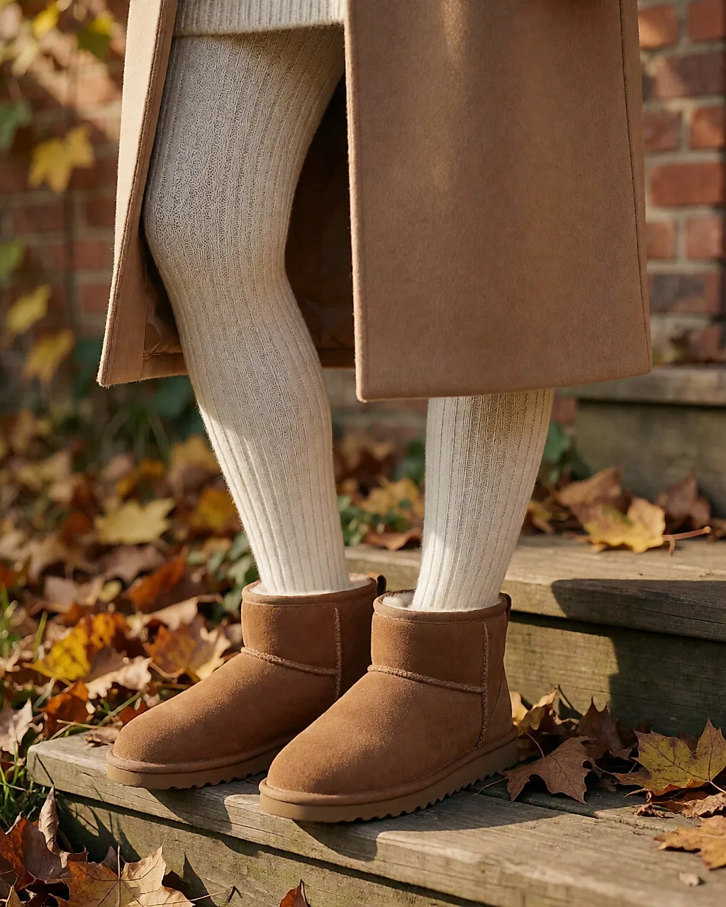 Kurze Stiefeletten aus karamellfarbenem Wildleder mit Lammfellkragen, getragen auf einer Vortreppe im Herbst