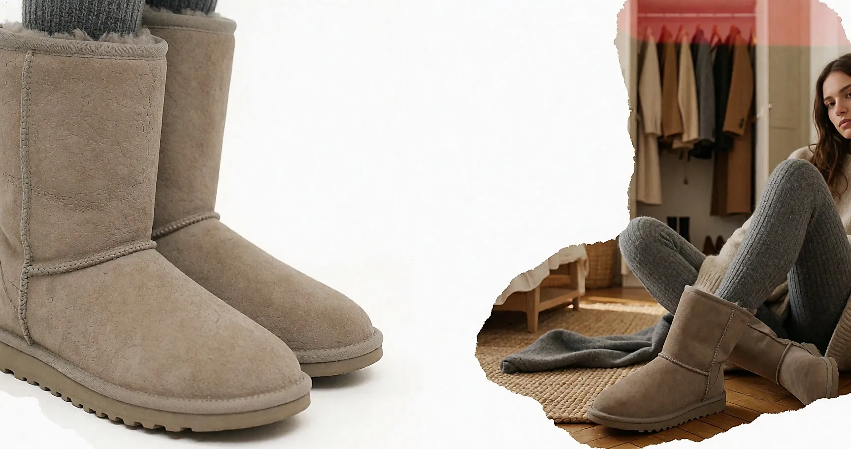 Getragene gefütterte Stiefel an einer jungen Frau, die auf dem Parkett sitzt, dahinter ein offener Schrank