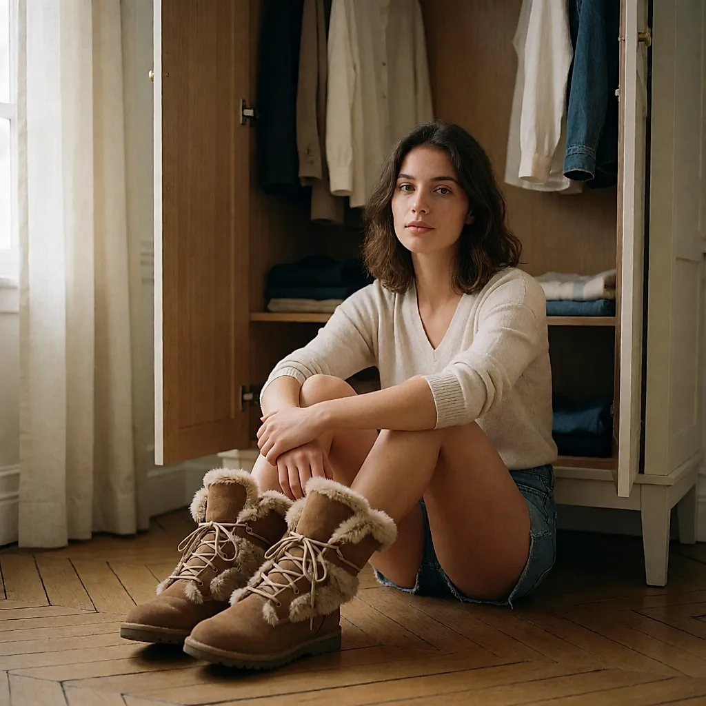 Botas forradas gastas usadas por uma jovem sentada no soalho, com um armário aberto atrás