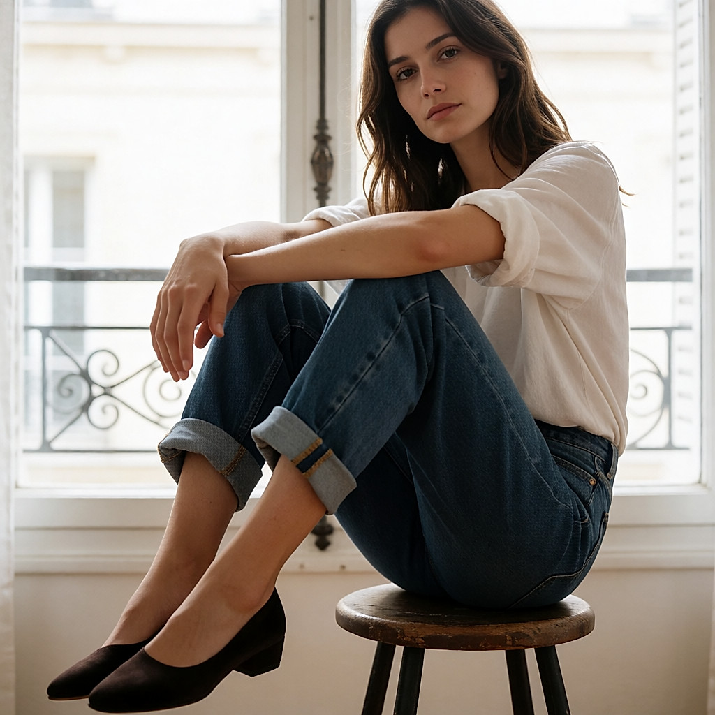 Kurze Stiefeletten aus kamelfarbenem Lammfell, getragen zu hochgekrempelter Jeans auf einem Hocker
