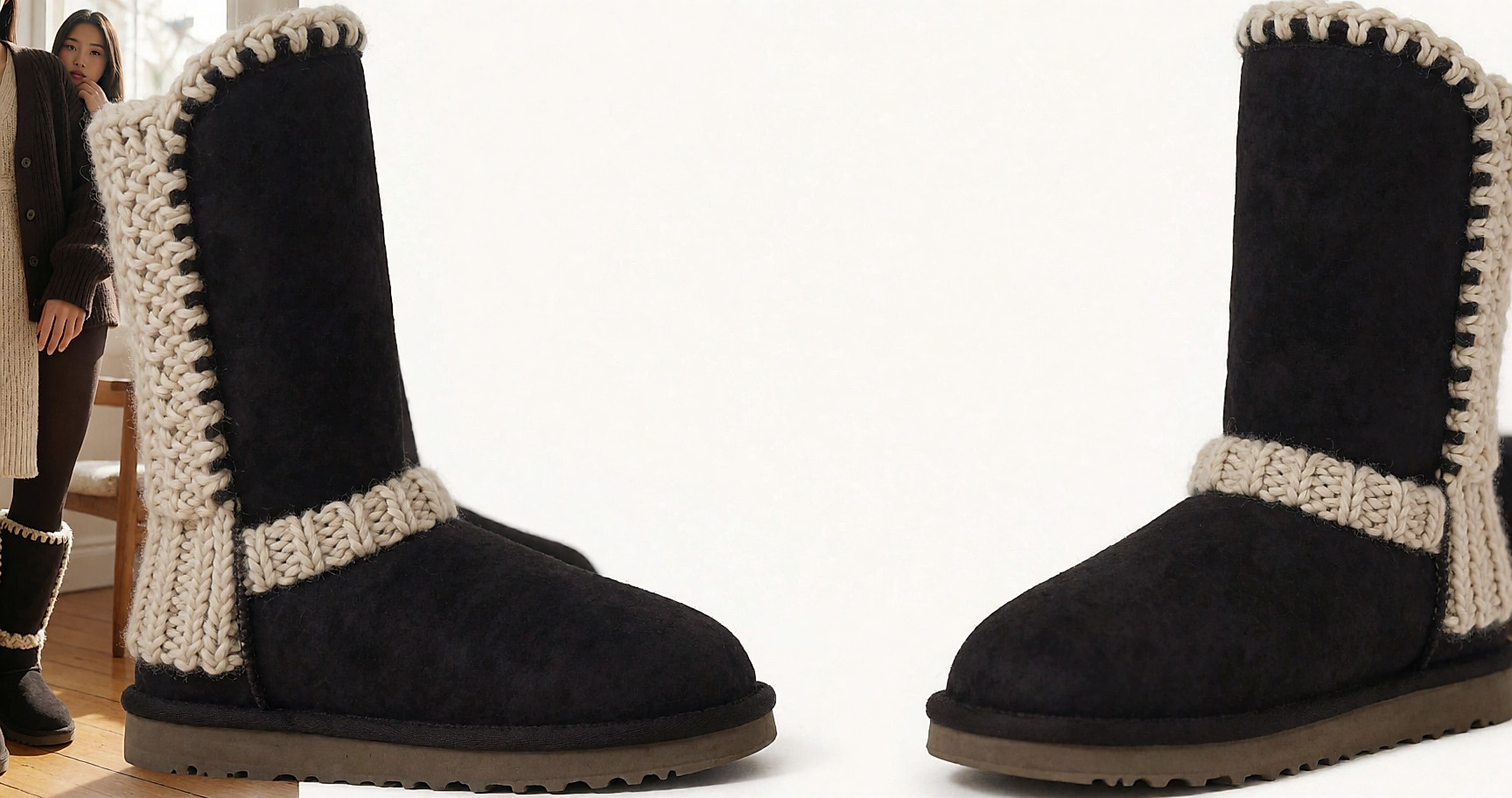 Jeune femme portant des bottes en peau de mouton camel à revers crocheté, dans un salon lumineux