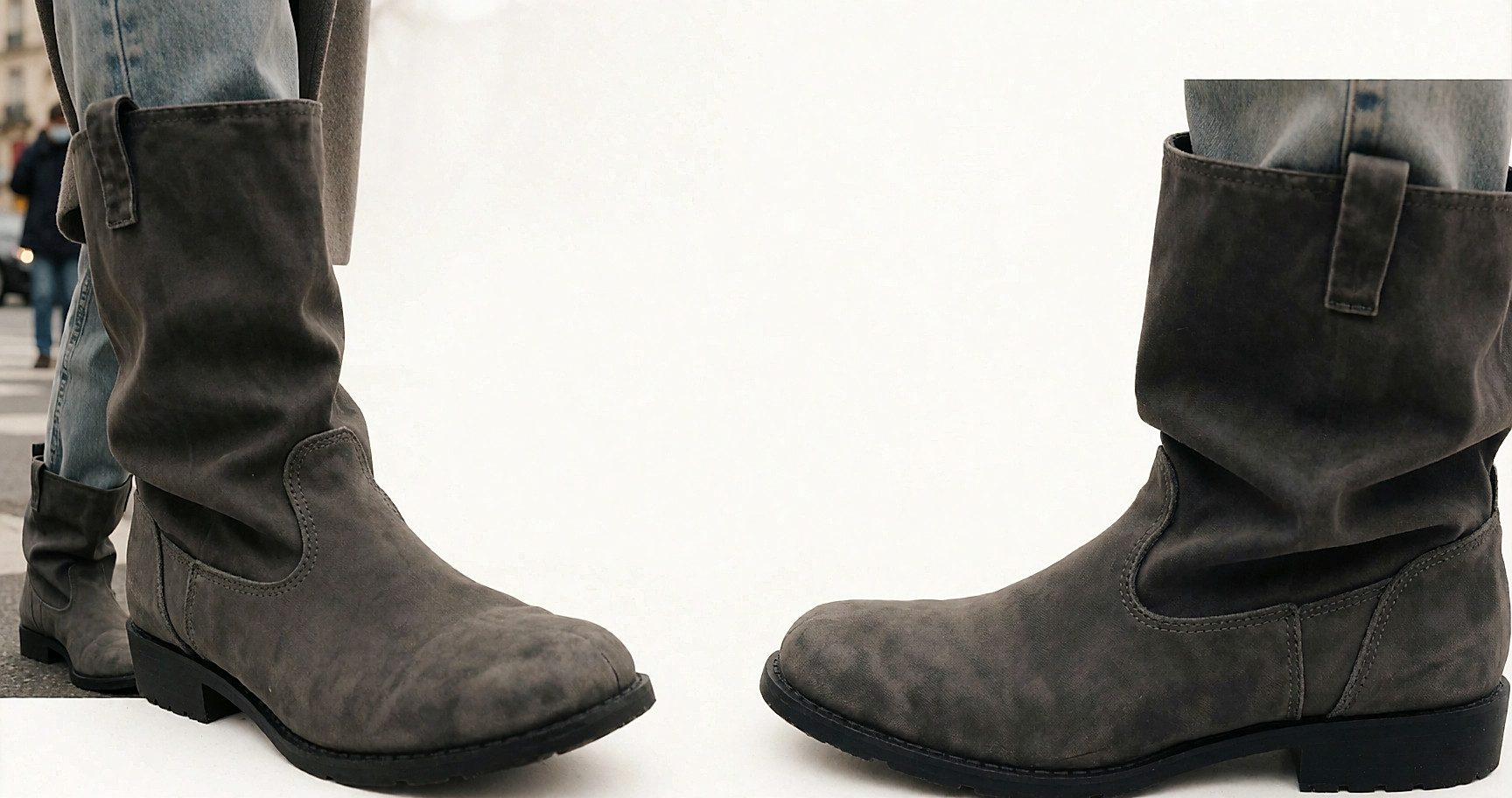 Jeune femme métissée marchant en ville avec des bottes fourrées casual en toile grise délavée
