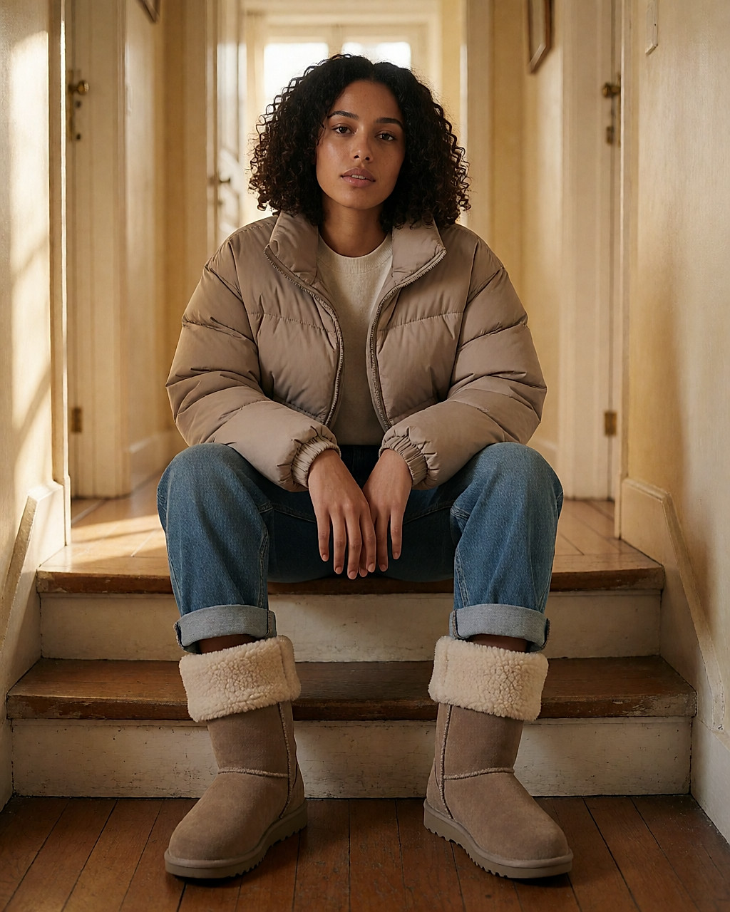 Jeune femme assise dans un couloir, bottes en suède à revers fourré d'inspiration 2012