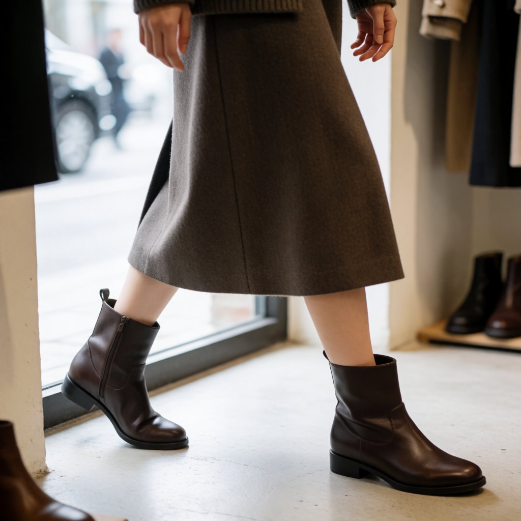 Young woman walking in a shop, leather ankle boots with a snug shaft and a wool midi skirt
