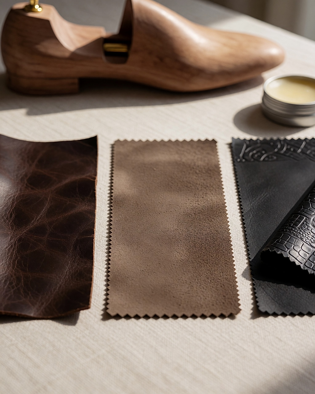 Three leather samples on linen: full-grain, nubuck and bonded leather
