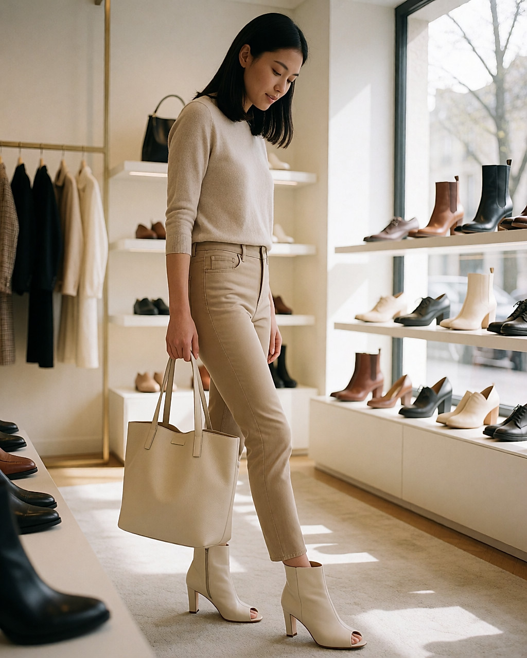 Jeune femme en boutique regardant une bottine peep toe crème à son pied