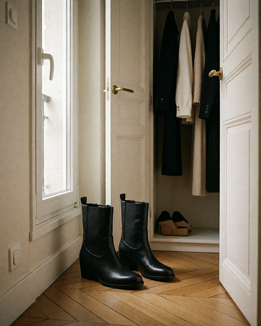Pair of worn black ankle boots in a hallway near an open cupboard