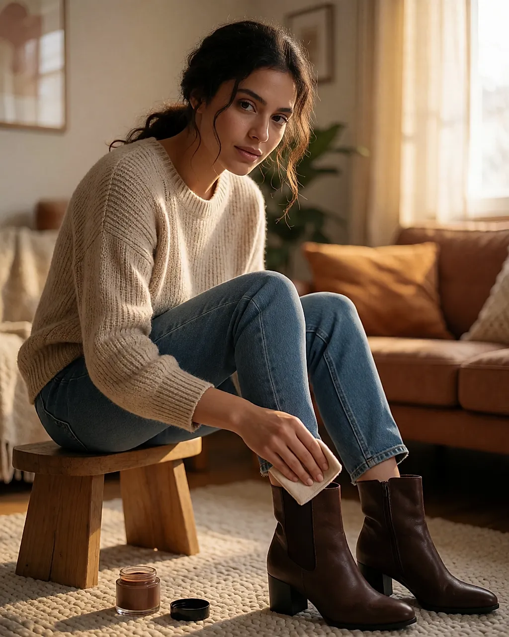 Woman nourishing a leather ankle boot with a colourless balm