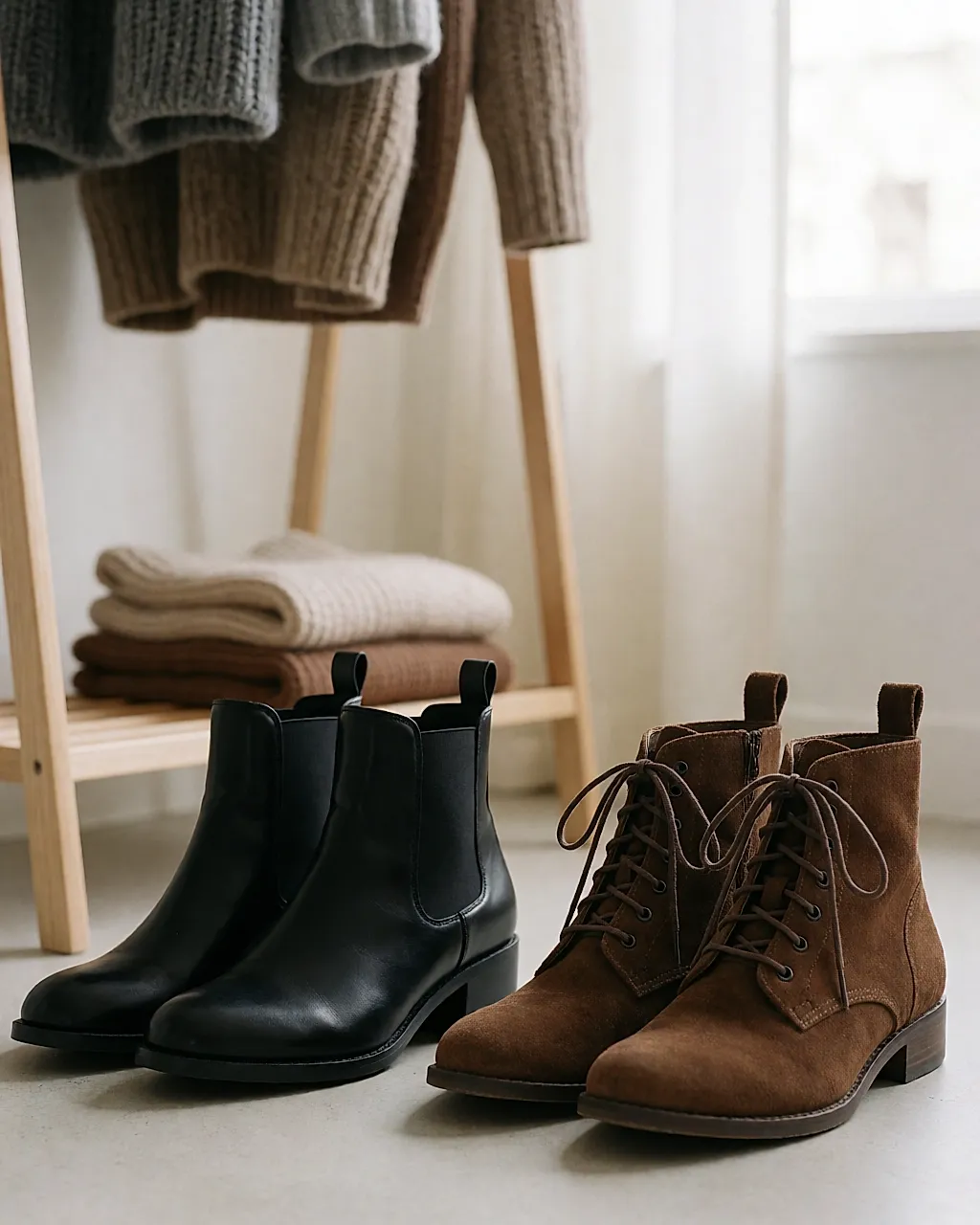 Two pairs of ankle boots lined up in a bright dressing room