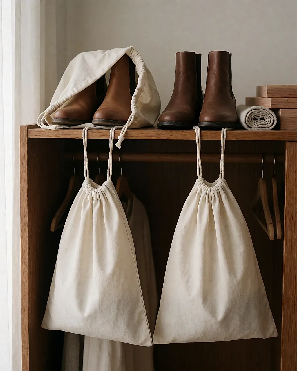 Ankle boots stored in cotton bags on a cupboard shelf