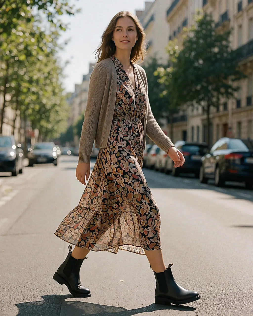 Woman in a fluid dress and black Chelsea boots walking in the street