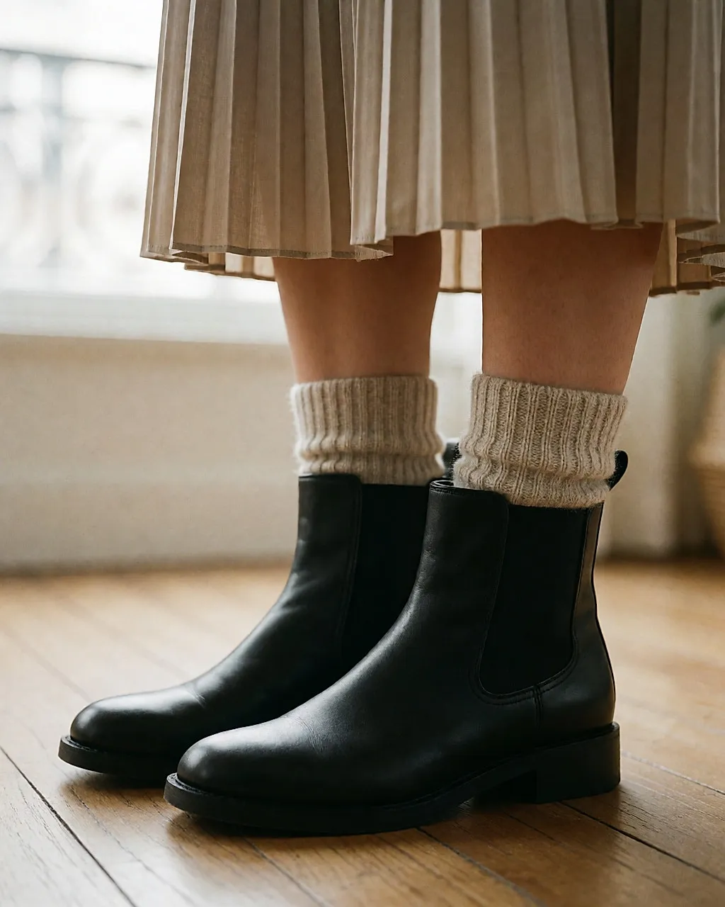 Detail of black ankle boots with a ribbed sock peeking above the shaft