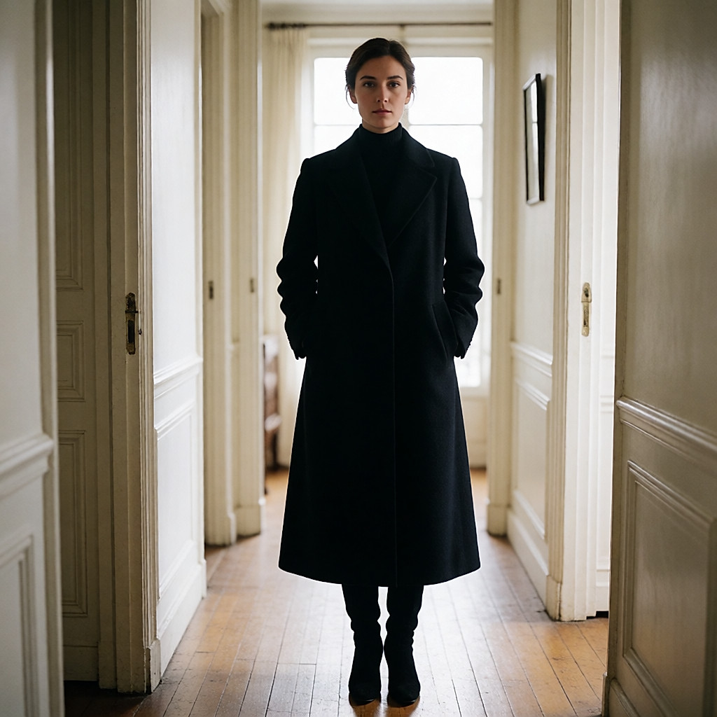 Monochrome black silhouette, long coat and block-heel ankle boots in a bright apartment hallway