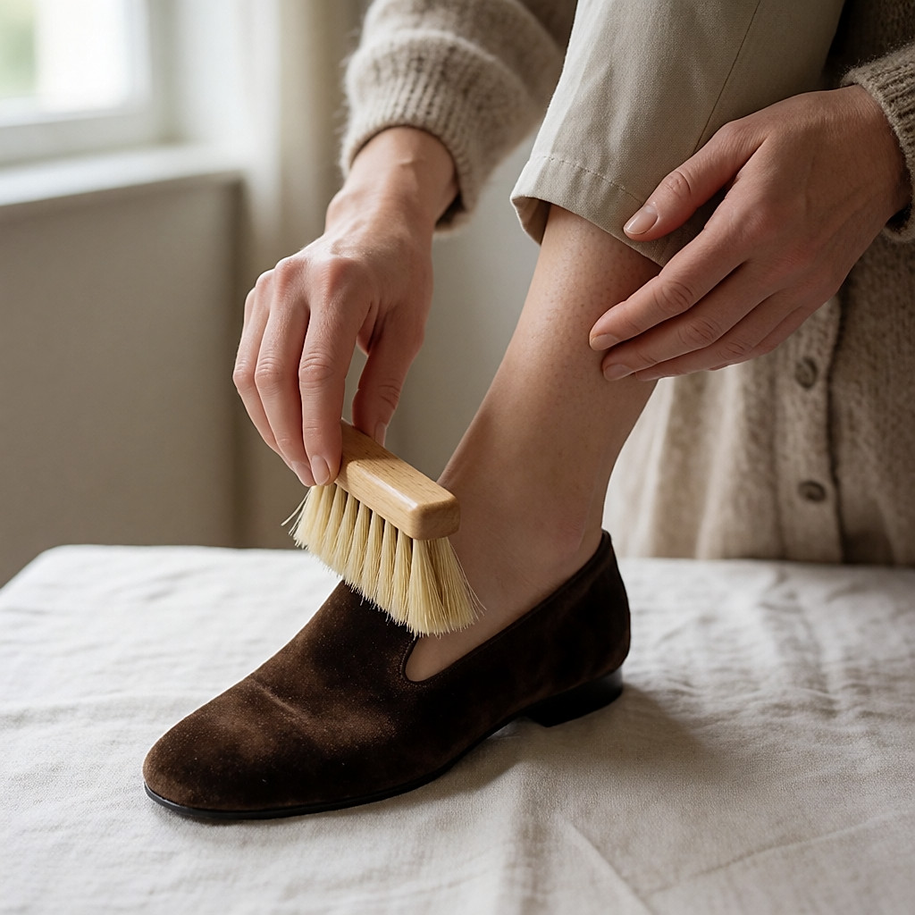 Hand holding a rubber brush over the shaft of a suede ankle boot on a linen cloth