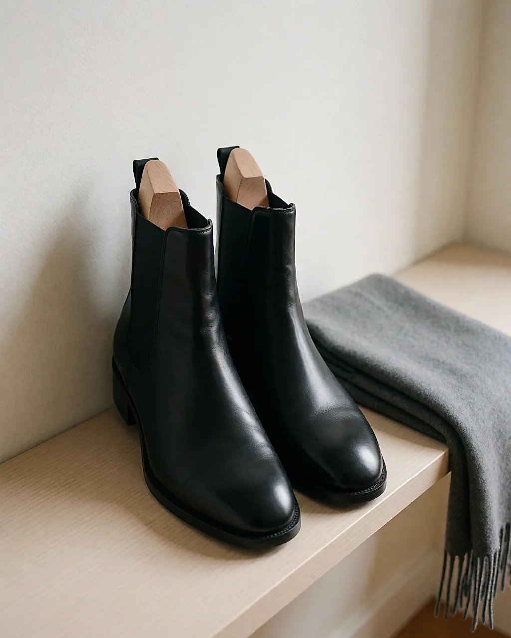 Pair of black ankle boots standing with cedar shoe trees on a shelf