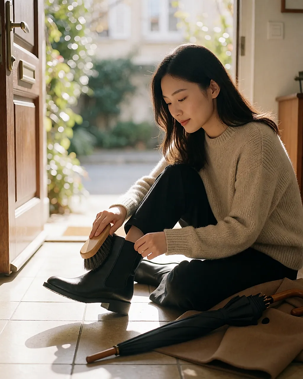 Young woman brushing leather ankle boots dry in a hallway