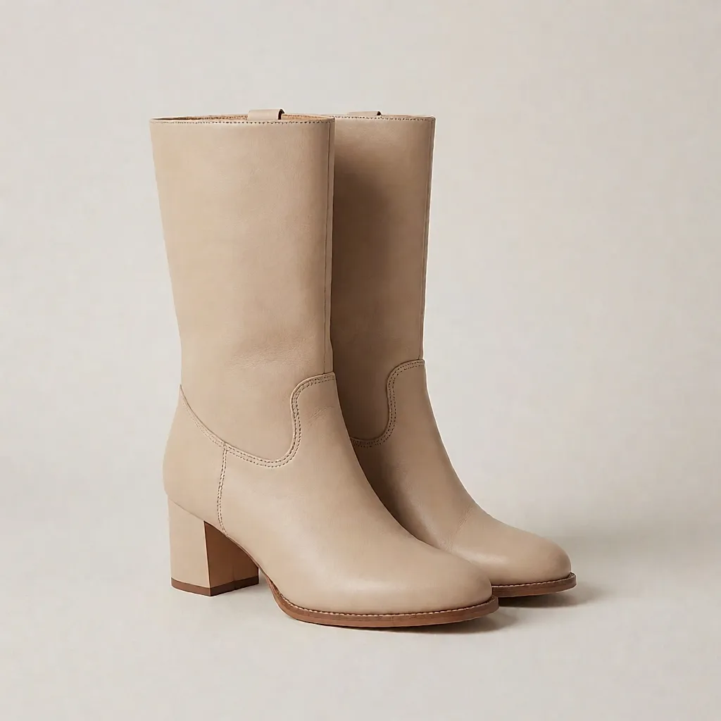 Product-style image inspired by light beige leather mid-calf boots, 8.5 cm heel