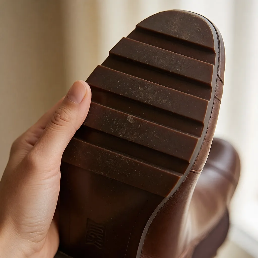 Detalhe de uma sola com ranhuras em borracha densa, com o polegar apoiado nas ranhuras de um botim virado do avesso