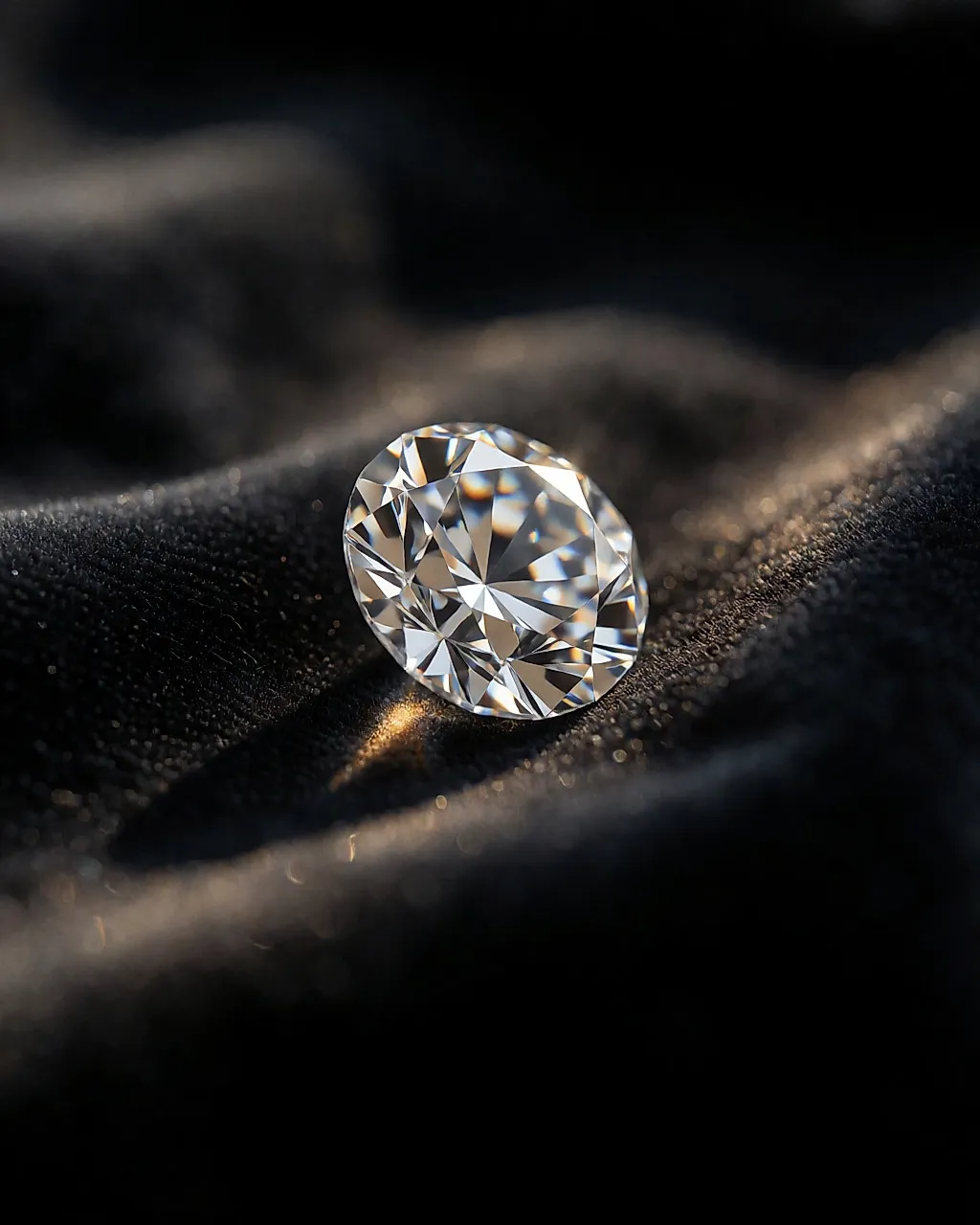 Diamante talla brillante colocado solo sobre terciopelo oscuro, con las facetas captando la luz