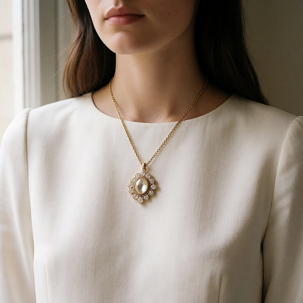 Colgante fino de oro amarillo con un pequeño diamante, llevado sobre la clavícula, con cadena ligera