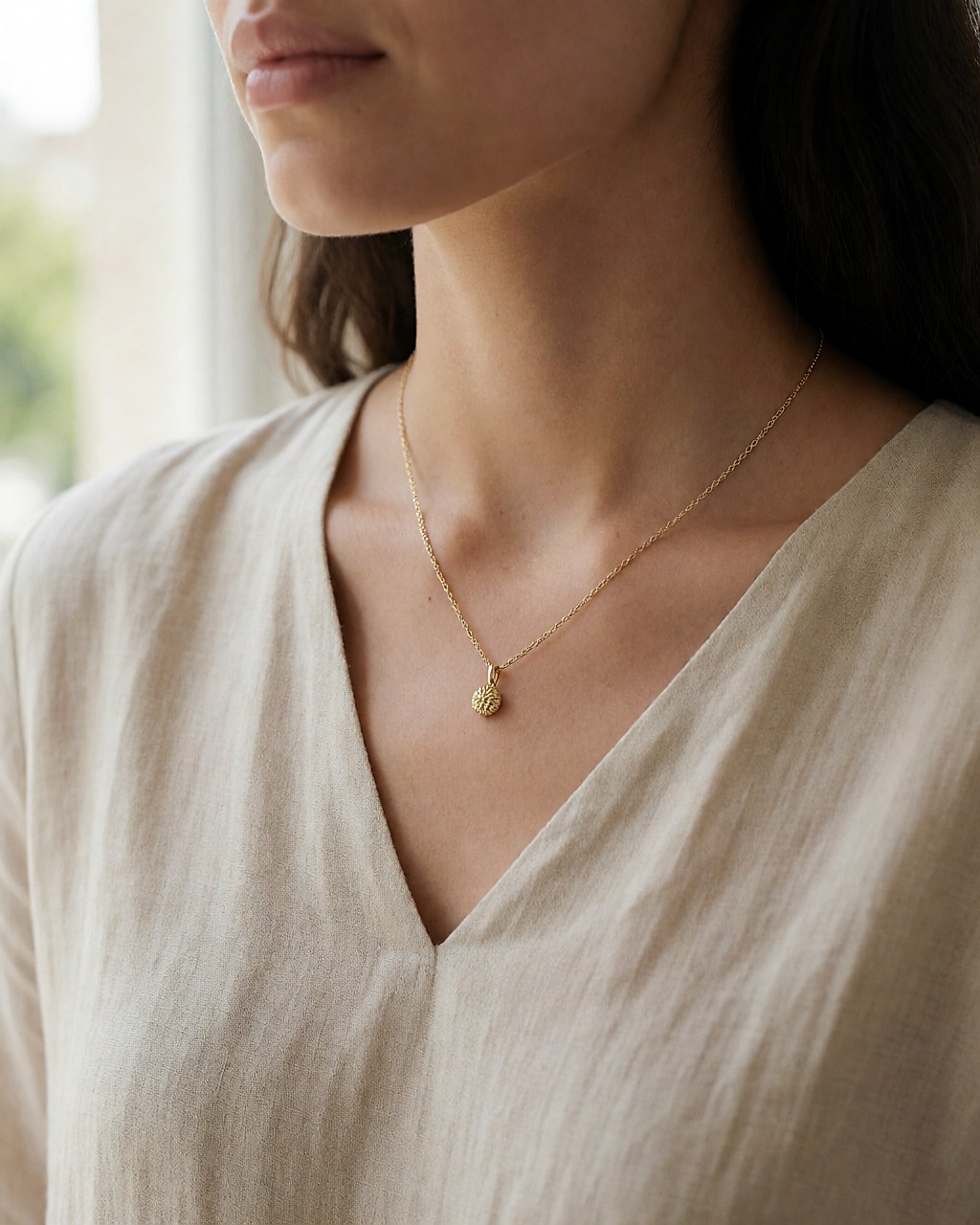 Pendentif rond en or texturé sur une chaîne fine, porté à la base du cou