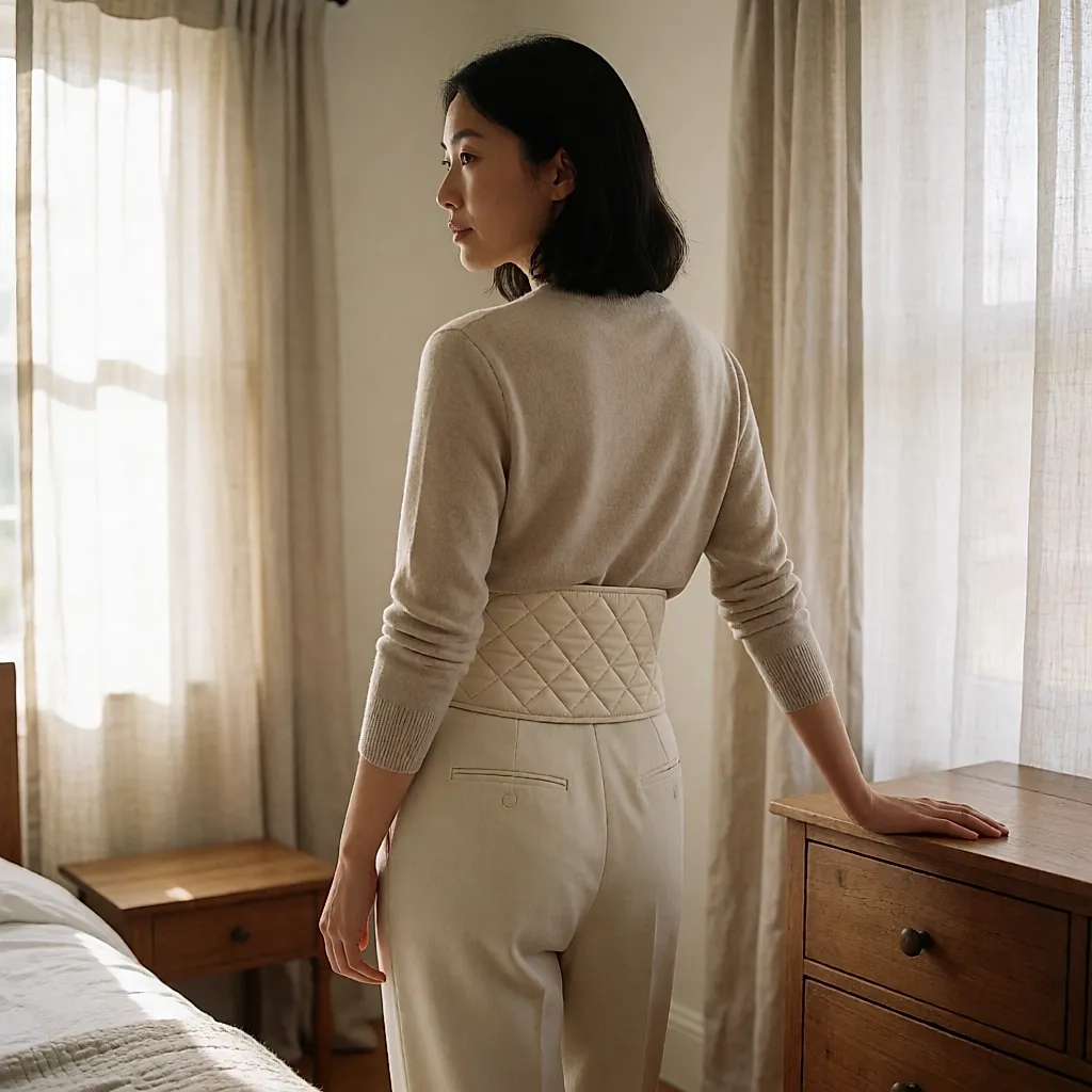 Faja lumbar de algodón acolchado sobre un jersey fino, vista de espaldas en una habitación