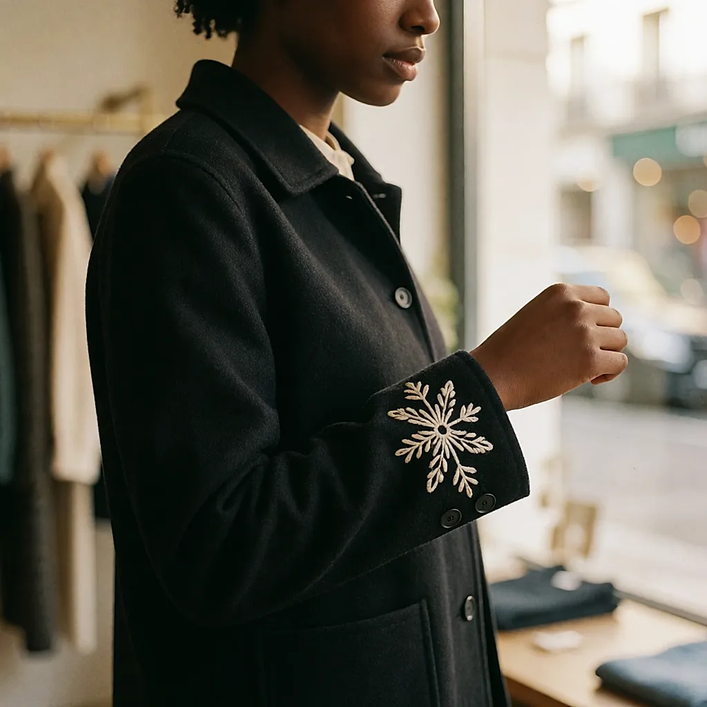Una mujer apoya la mano en el bordado del puño de una chaqueta de lana, en una tienda