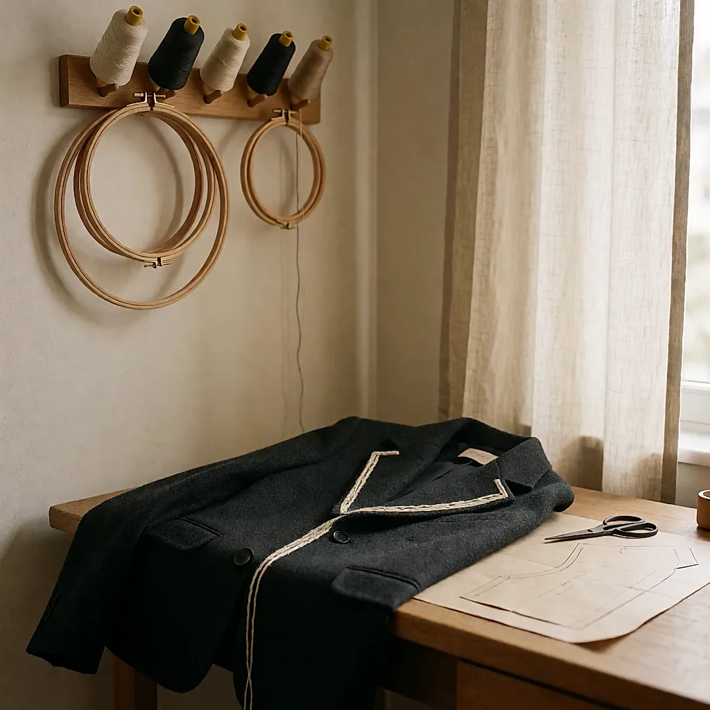 Un rincón de un taller de bordado con una chaqueta de lana sobre la mesa de trabajo