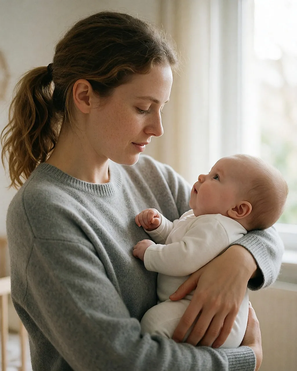 Junge Mutter beobachtet aufmerksam ihr Baby auf dem Arm in einem hellen Zimmer