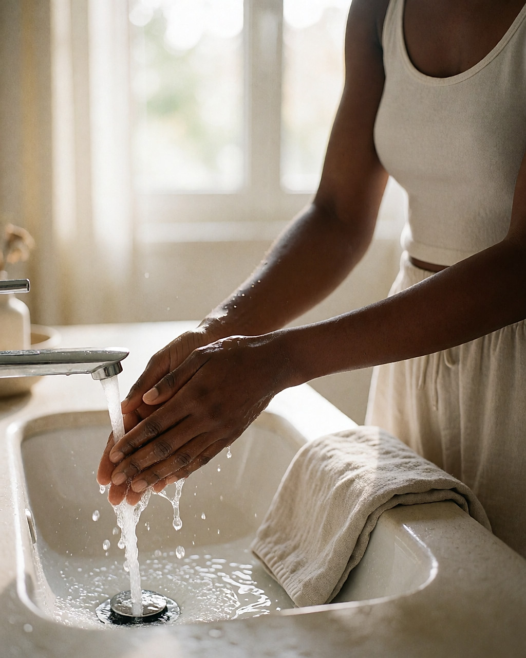 Femme se lavant les mains au savon à l'eau courante dans une salle de bain lumineuse