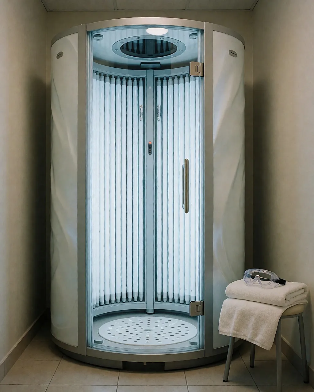 Cabina de bronceado UV cerrada y apagada en un centro anónimo, con toalla y gafas de protección