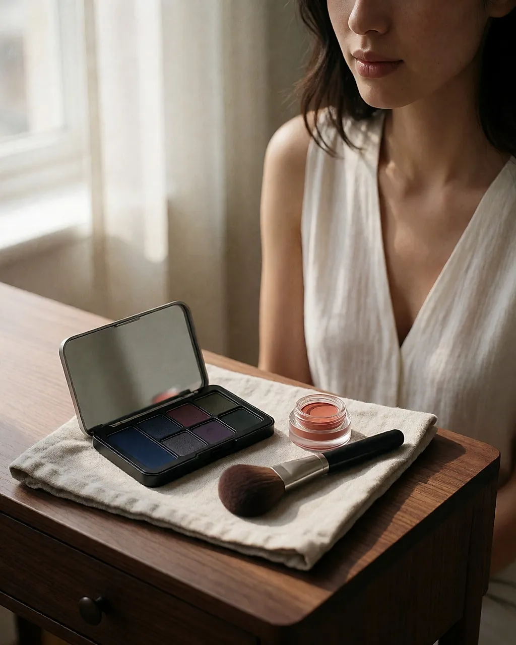 Palette mit marineblauem, pflaumenfarbenem und khakifarbenem Lidschatten neben einem aprikosenfarbenen Creme-Rouge auf einem Frisiertisch aus Holz