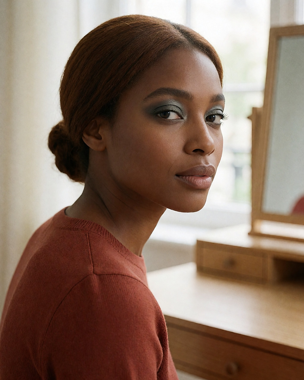 Femme noire aux cheveux châtains relevés en chignon, fard vert-gris métallisé et blush rosé