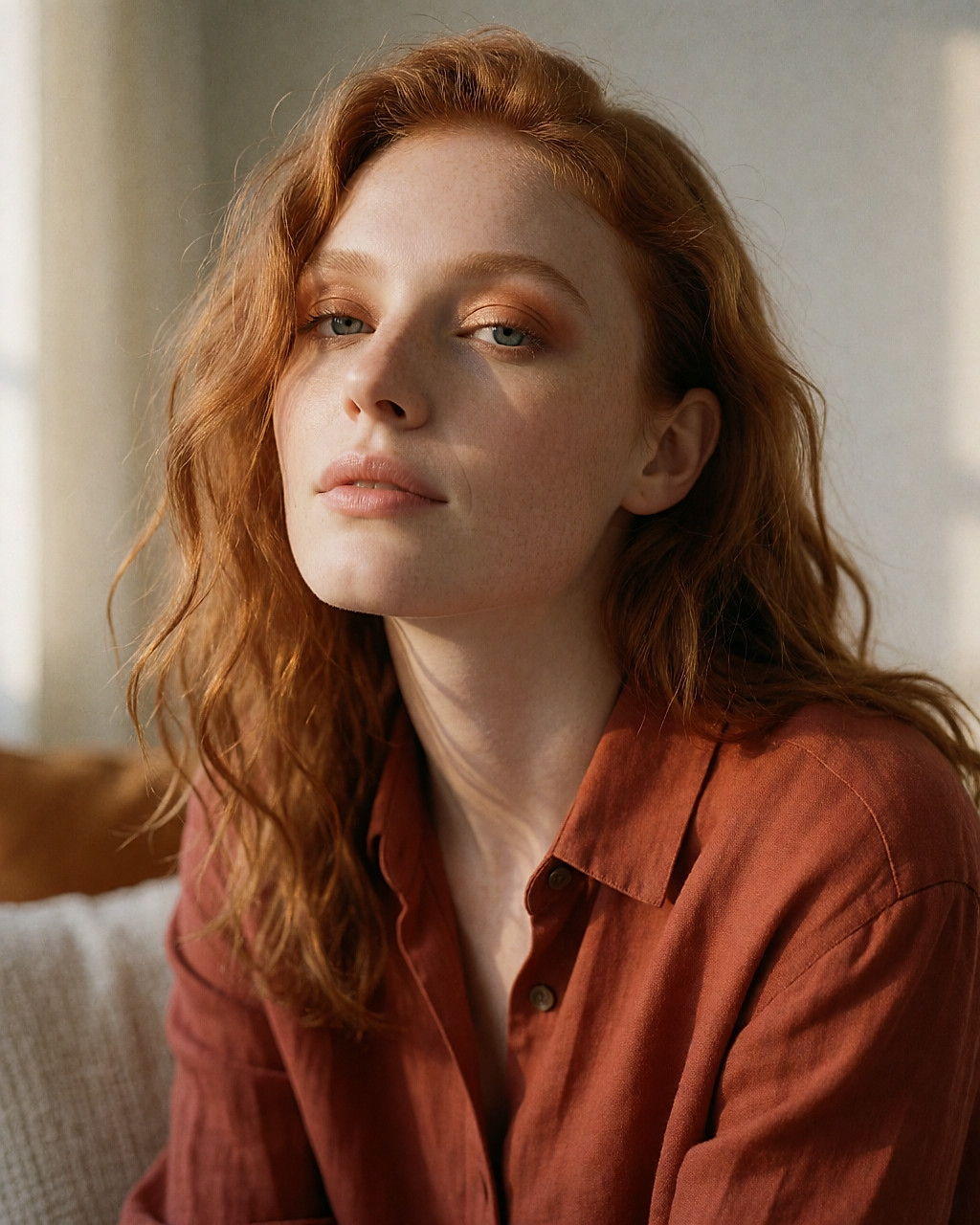 Jeune femme rousse au fard cuivré et au blush abricot, dans une lumière chaude