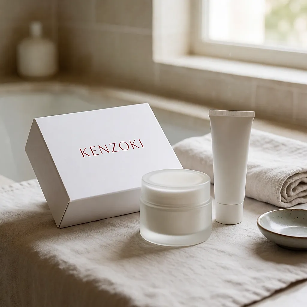 Coffret de soins Kenzoki ouvert, pot et tube sur un linge de lin clair