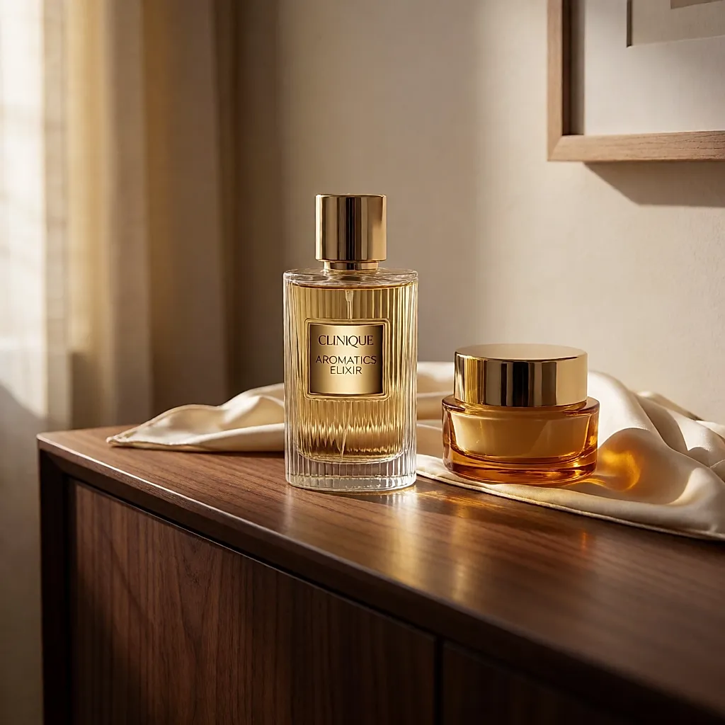 Flacon cannelé doré Aromatics Elixir de Clinique et son soin assorti