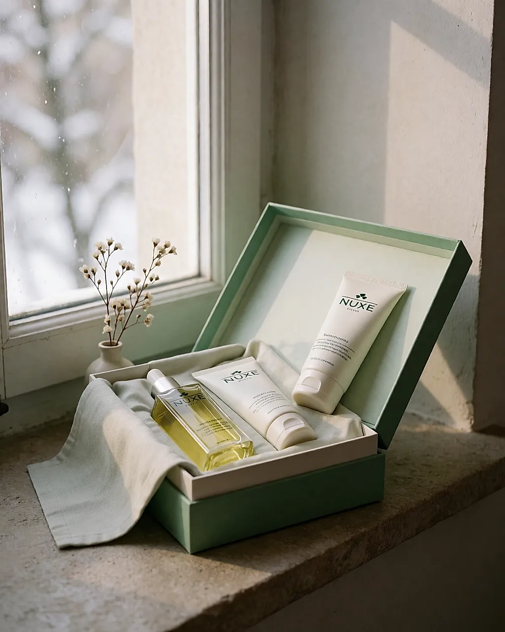Coffret beauté bio Nuxe ouvert, flacon d'huile botanique et tube sur fond clair