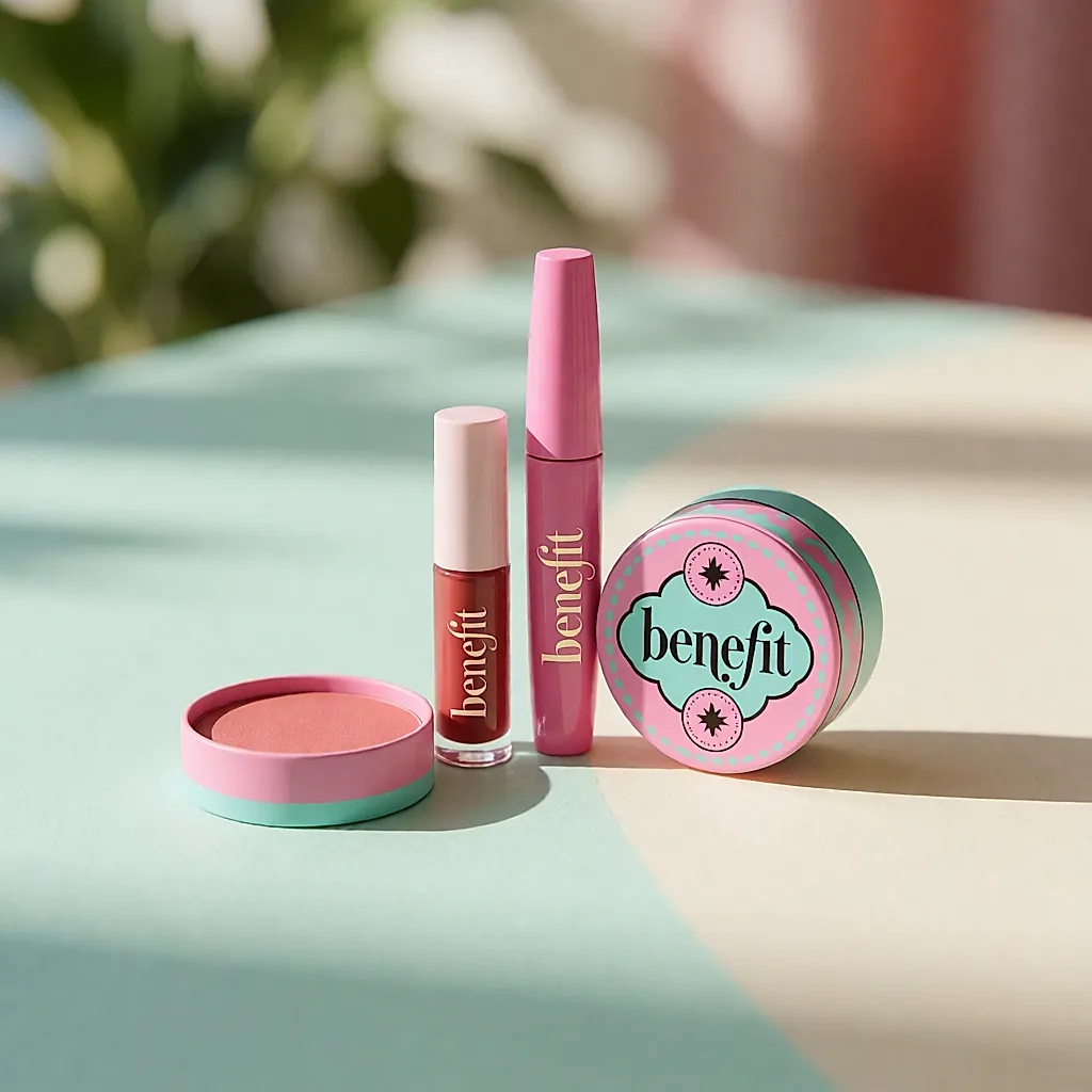 Coffret beauté Benefit : mascara rose, boîte de blush et mini teinte à lèvres