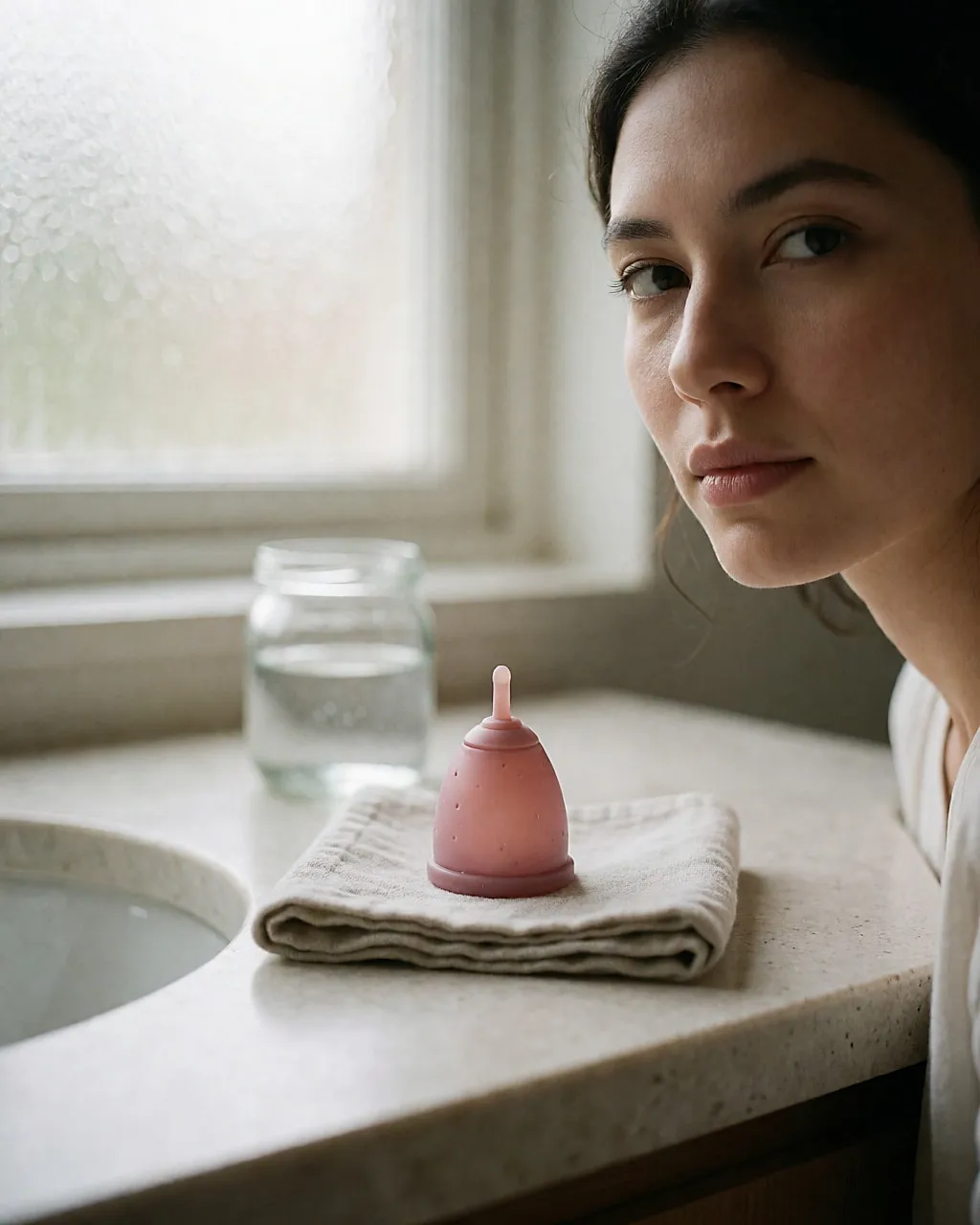 Copa menstrual de silicona rosa empolvado sobre un lino claro en un baño