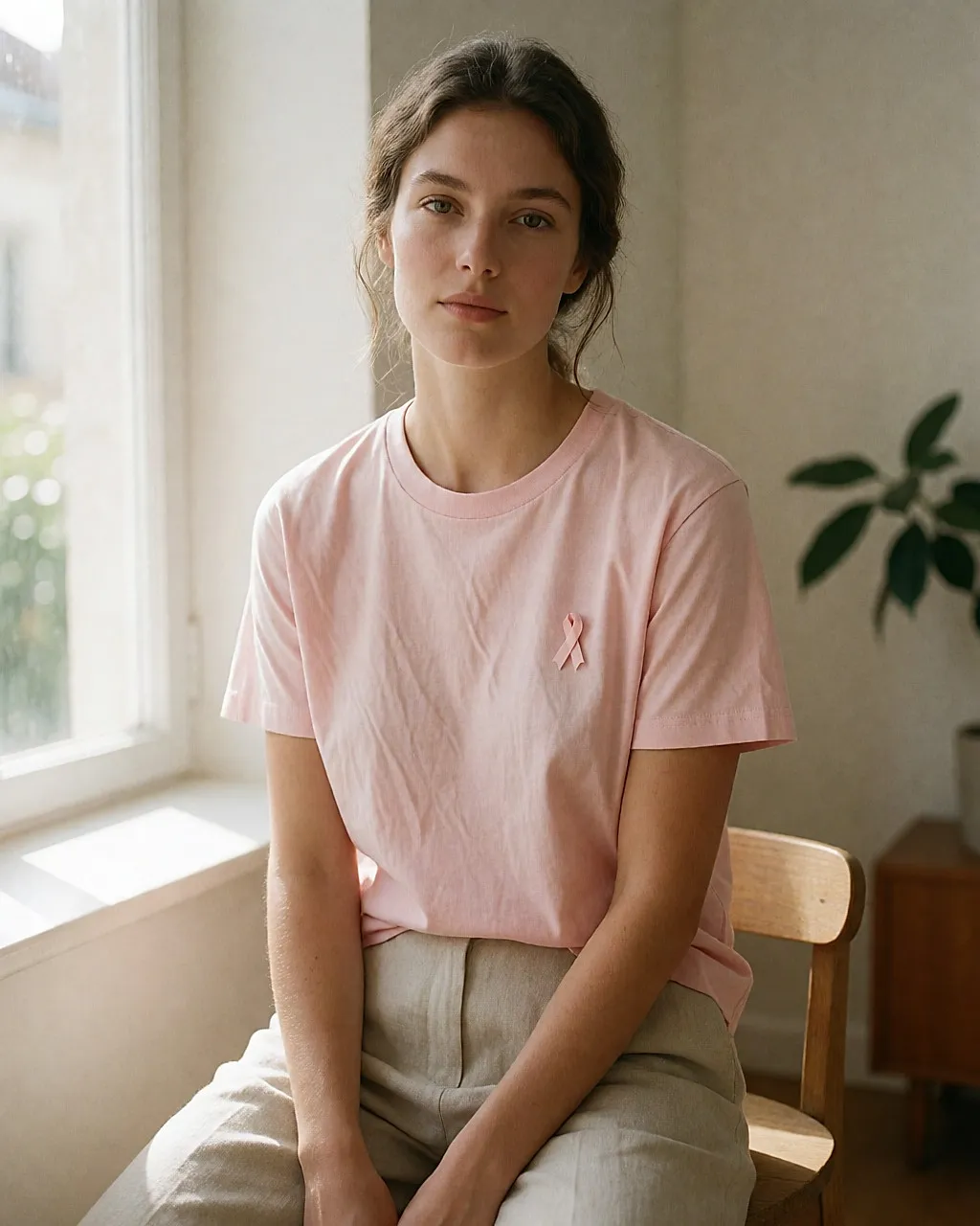 Junge Frau in einem rosa T-Shirt mit kleiner Schleife als Zeichen der Solidarität