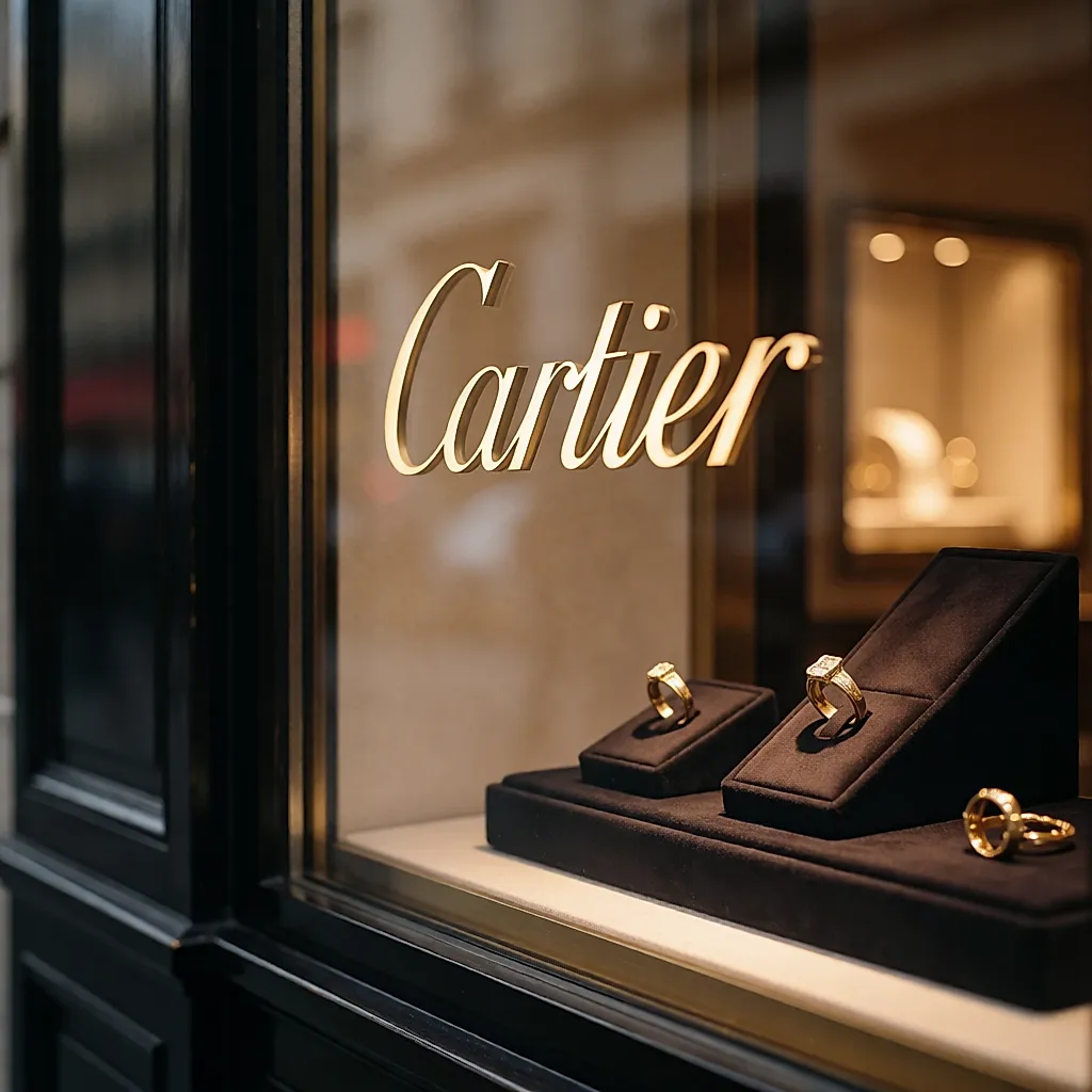 Escaparate de una boutique Cartier, joyas de oro sobre terciopelo oscuro