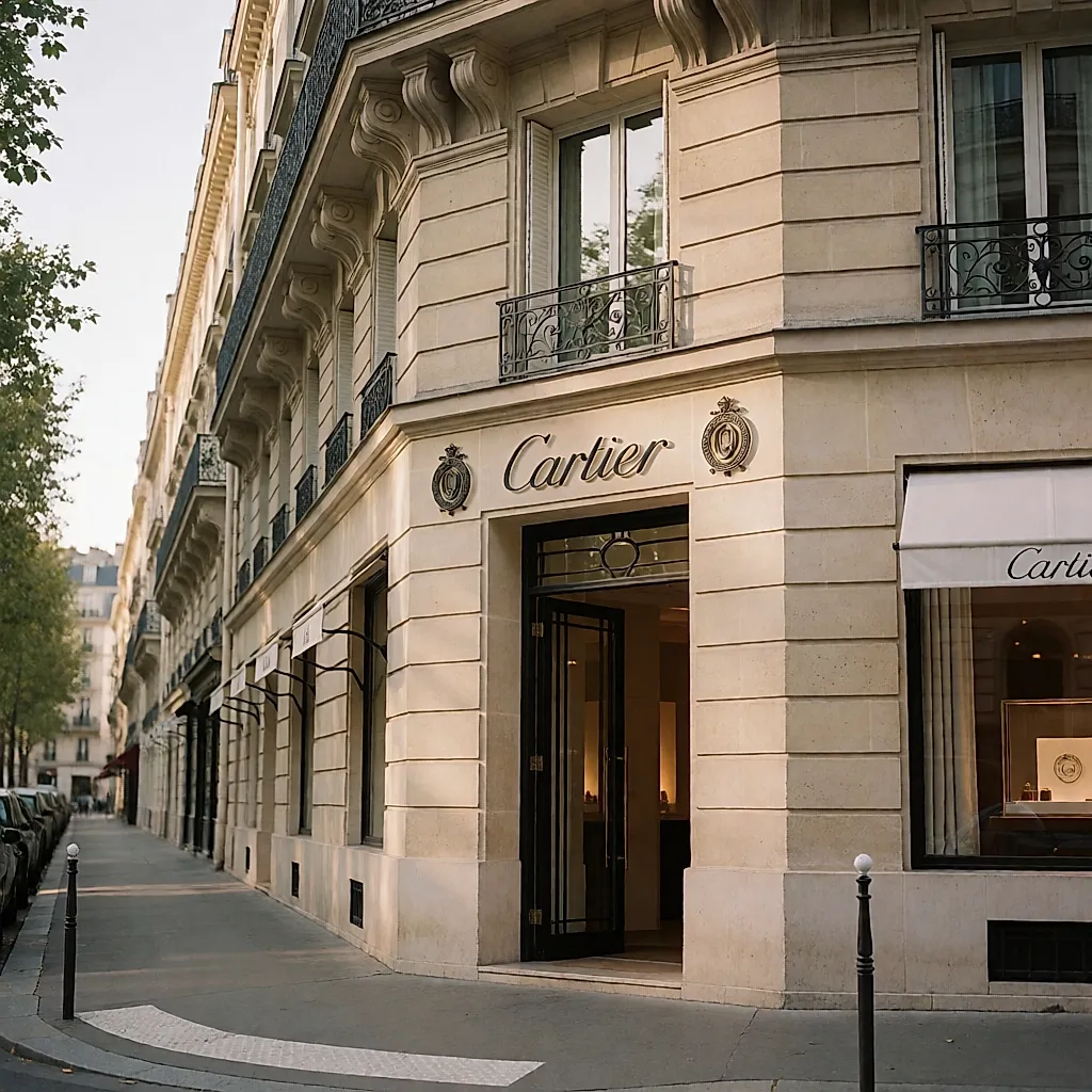 Fachada de la casa Cartier en París, rótulo y emblema sobre la piedra