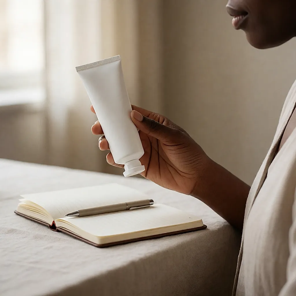 Une main tient un tube de crème au-dessus d’un carnet posé sur une table