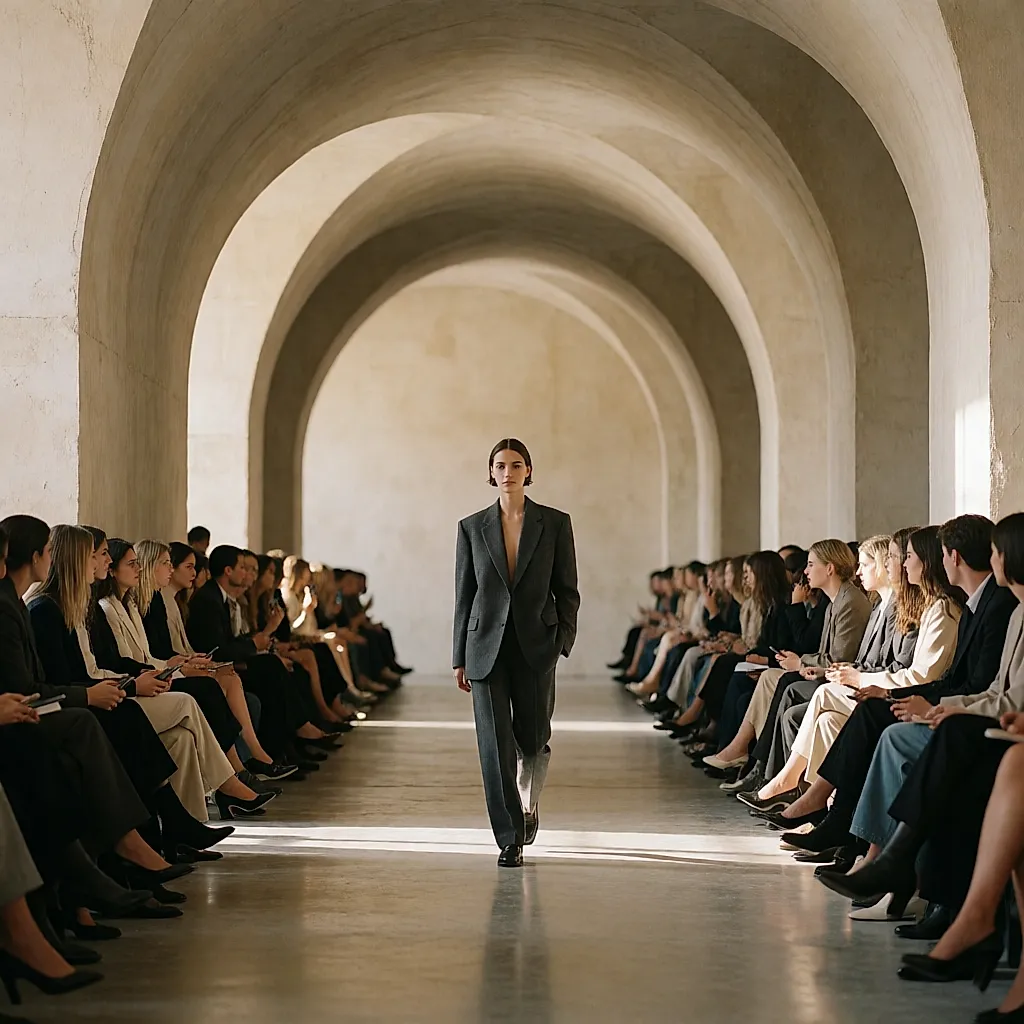 Une silhouette en total look monochrome avance sur un podium dominé par une architecture monumentale